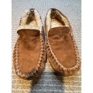 LL Bean Wicked Good Moccasins Mens 8 Medium Tan Suede Shearling Slippers 264593‎